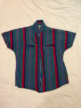 Vintage Casual Short-Sleeve Button-Down Shirt in Blue, Green & Pink Stripes